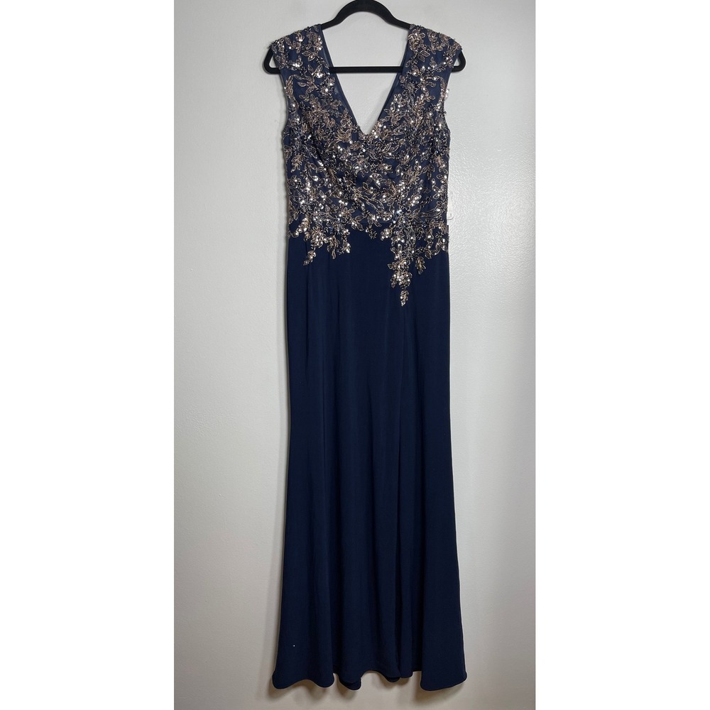 XSCAPE Beaded Floral V-Neck Evening Gown Dress Size 6 Navy Blue NEW Party READ